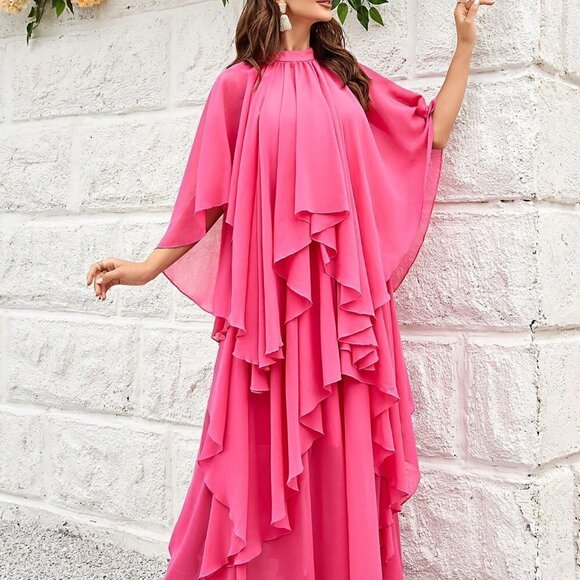 Hot Pink Casual Womens Ruffle Trim Batwing Sleeve Chiffon Dress - Picture 5 of 5